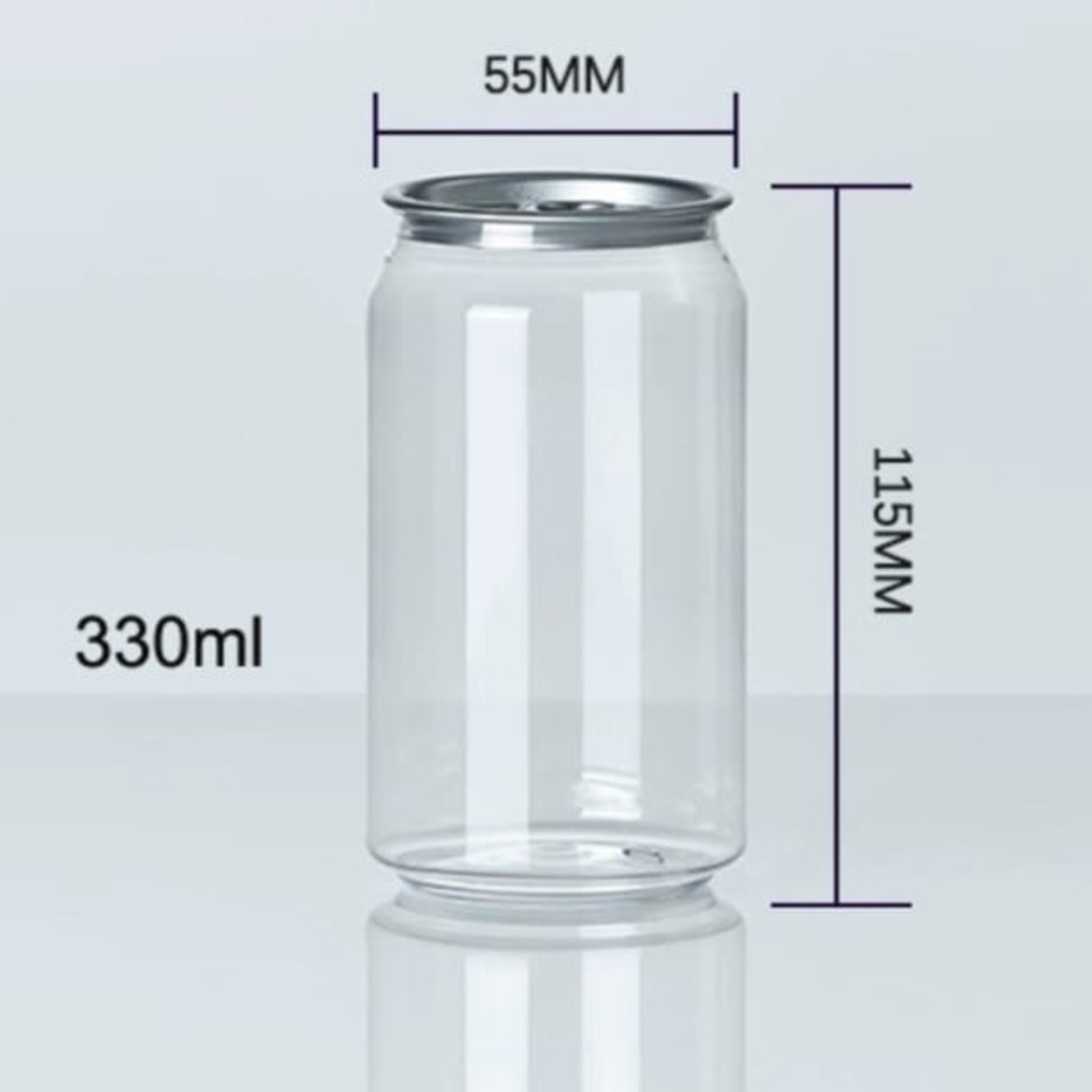 330ml Plastic Clear PET Soda Cans with Aluminum Lids – 11oz Beverage Packaging